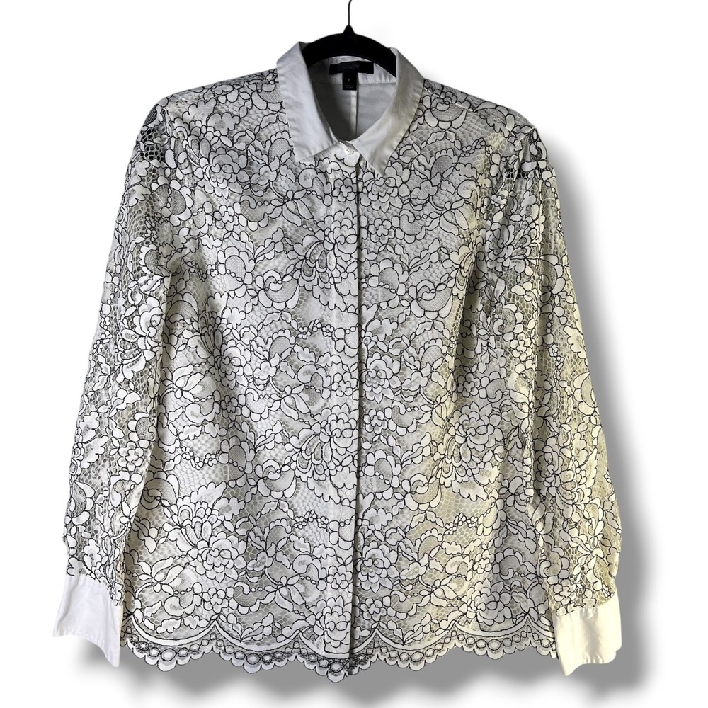 J.Crew Womens Sz 8 Button Up Shirt Black White Floral Lace Romantic Coquette